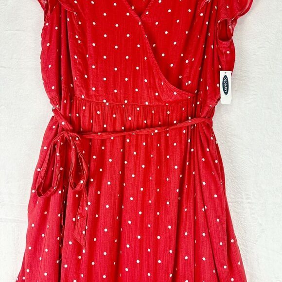 Old Navy Surplice Wrap Front Midi Dress Red Dots Size XXL NWT Tie Waist - Picture 8 of 13